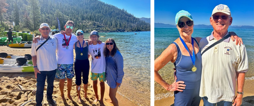 Stoneridge Creek residents Susie and Del Krause pose for a photo following Susie’s 1-mile swim in open waters on August 13, during the Lake Tahoe Sharkfest Swim.